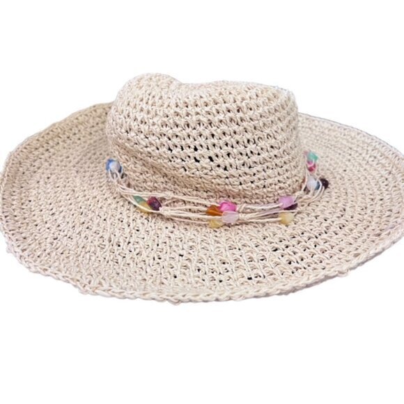 Boho Wide Brim Sun Hat Beaded Brim Trim Beach Pool Vacation Travel Cottage Coast - Picture 10 of 12